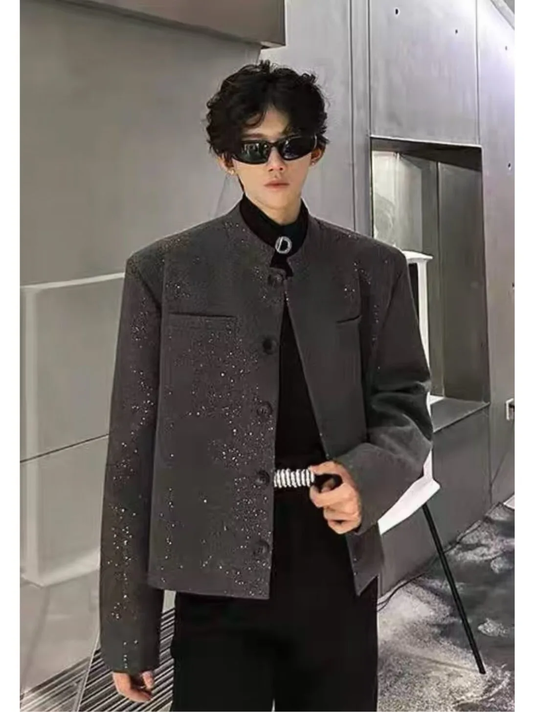 Spring Thickened Woolen Jacket Men's Fashionable No-Collar Coat Warm Casual Dark Style Polyester Fiber Full-Sleeve Coat