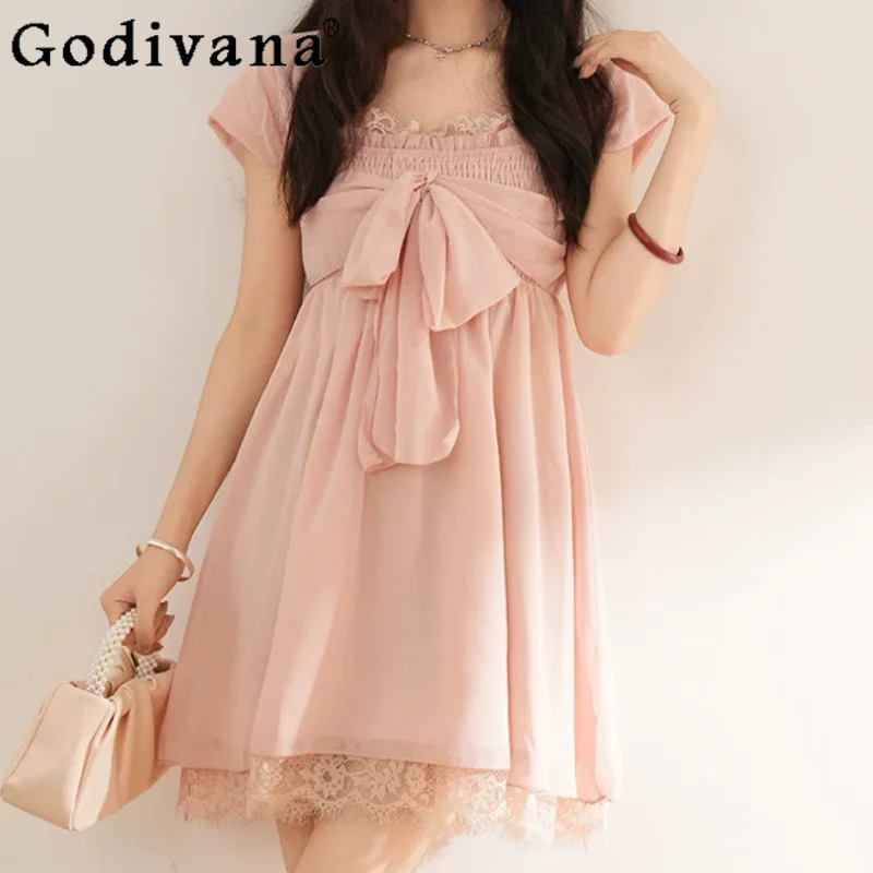 Summer Sweet Pink Lace Sleeveless Princess Suspender Dress Fashion High Waist A-line Age Reduction Square Neck Japanese Dresses