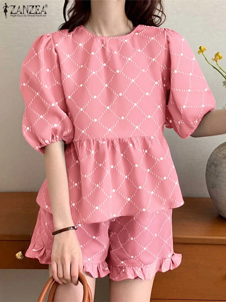 

ZANZEA Women Casual Printed Two-piece Outfits Short Sets 2025 Summer Vintage 2pcs Loose Short Puff Sleeve Ruffle Tops and Shorts