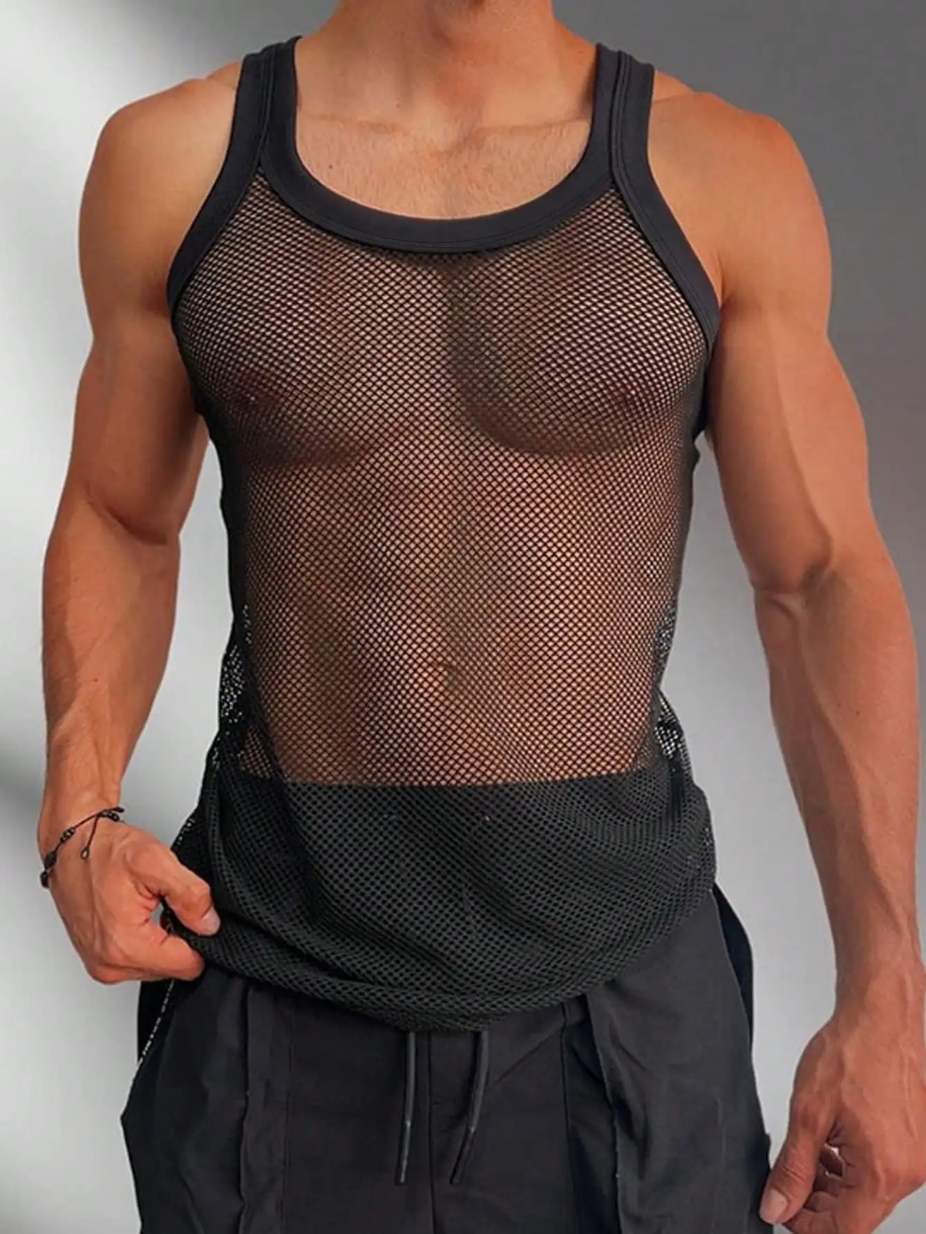 

Men's Sheer Mesh Sleeveless Tank Top with Round Neckline for Streetwear