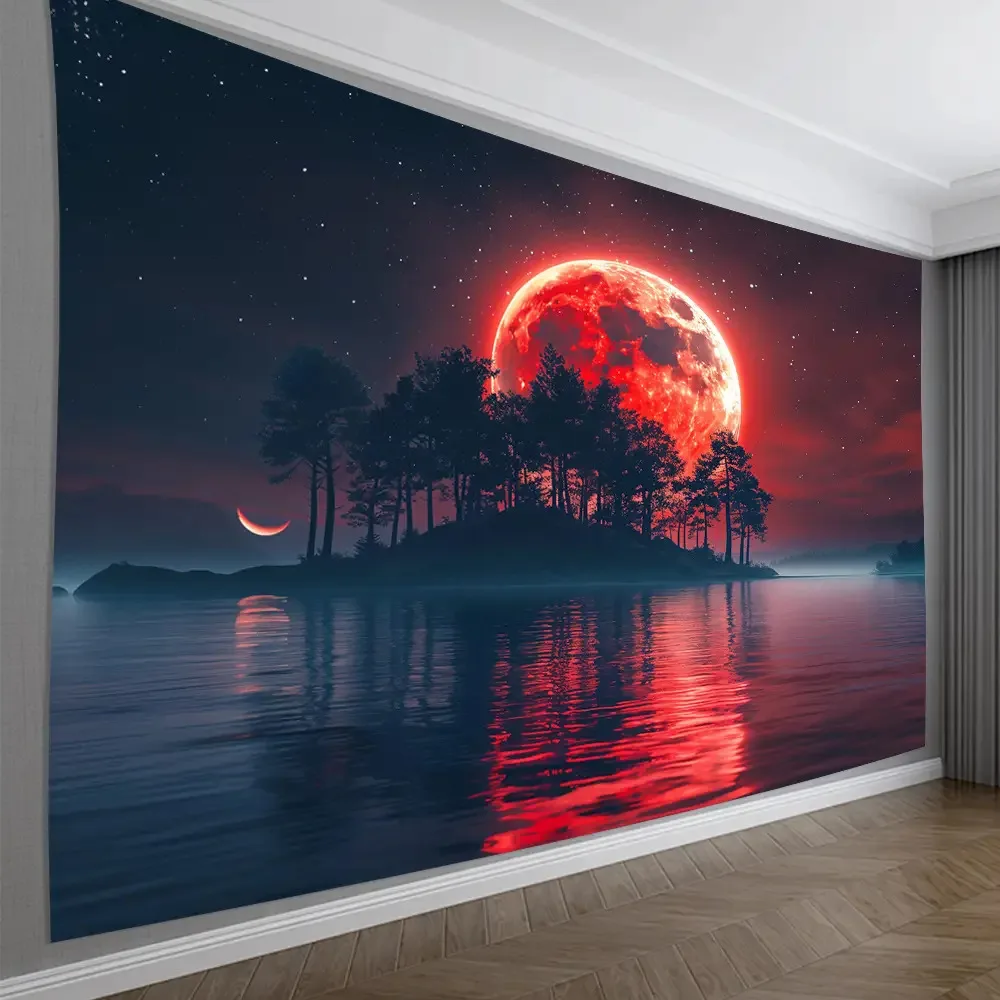 Blood Moon Tapestry Wall Hanging Cosmic Night Sky Landscape Art Decor Celestial Moon Eclipse Hanging Poster 150x300cm Room Decor