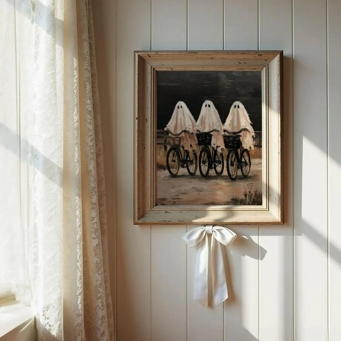 Vintage Ghost Bicycle Print - Spooky Cottagecore Trendy Halloween Painting Printable, Whimsical Dark Academia Fall