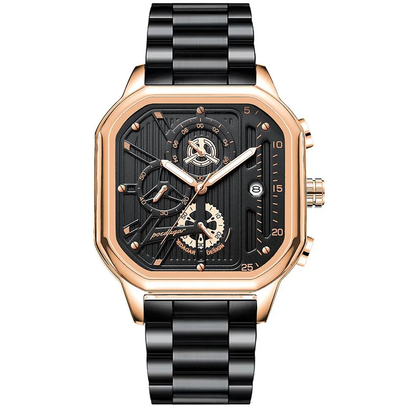 POEDAGAR Creative Hollow Men Wristwatches Luxury Rose Gold Steel Strap Square Watch Man Brand Waterproof Luminous Quartz Clock