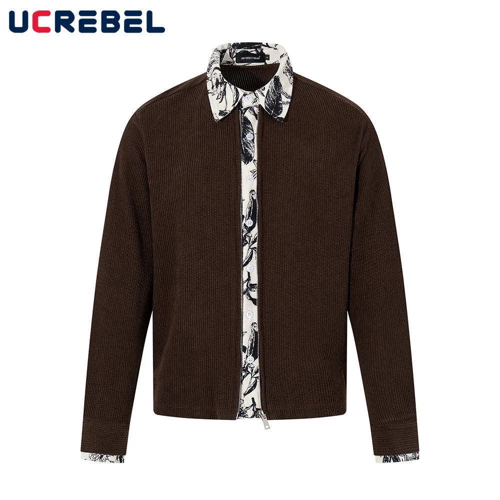 

Ink Painting Long Sleeve Shirts Mens Patchwork Autumn Retro High Street Lapel Loose Fake two-piece Shirts Man