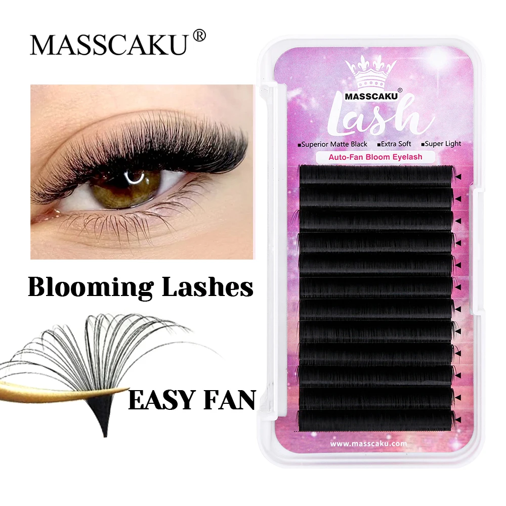 MASSCAKU Wholesale All Size 0.05/0.07mm Thickness One Second Blooming Lash 3D Effect Long-lasting Auto Flowering Lashes in Stock