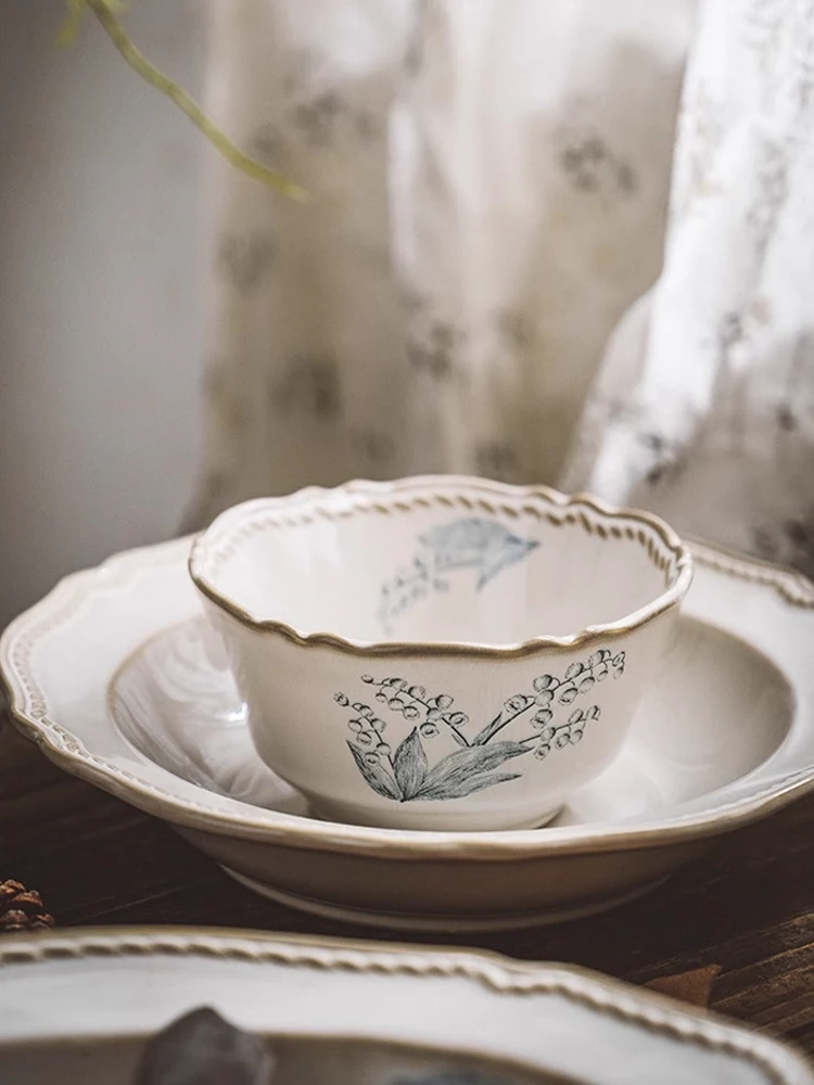 

Zeteng Home Cerc Dining Set Vintage Chinese Sle Salad Bowl Soup Bowl Di Plate round ape Daily Use Plant Floral Pattern