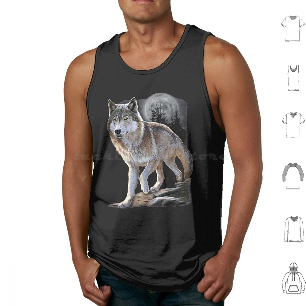 Wolf Hunting In The Night Tank Tops Print Cotton Wolf Wolves Howling Moon Moonlight Nature Wild Night Wildlife