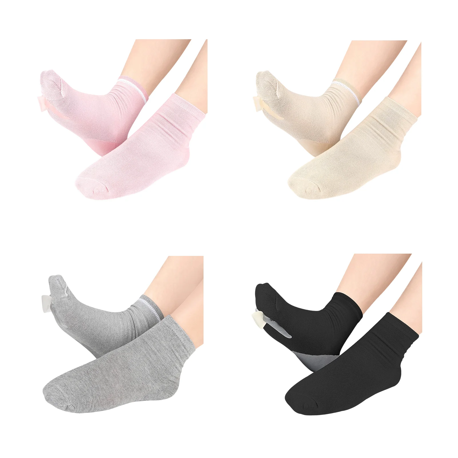 

Ортопедические носки с гелевыми вставками для пальцев ног, комбинированные в четырех цветах (розовый + телесный + серый + черный), по 1 паре каждого цвета.