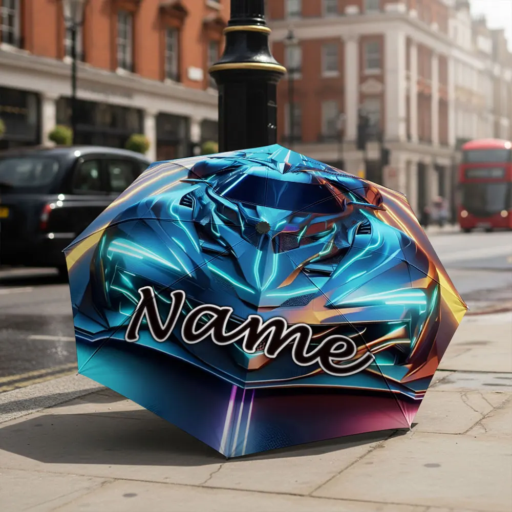 Custom Name Umbrella Futuristic Neon Supercar On Light Trail Highway Print Folding Umbrella For Sports Car Racing Fans, Gifts