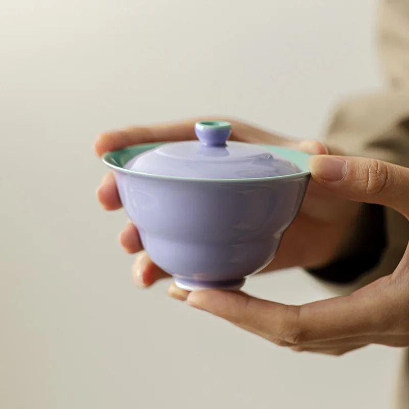 Hibiscus Household Ceramic Kung Fu Set Inner Glaze Pine Stone Green Thin Body Tea Bowl Purple Gaiwan