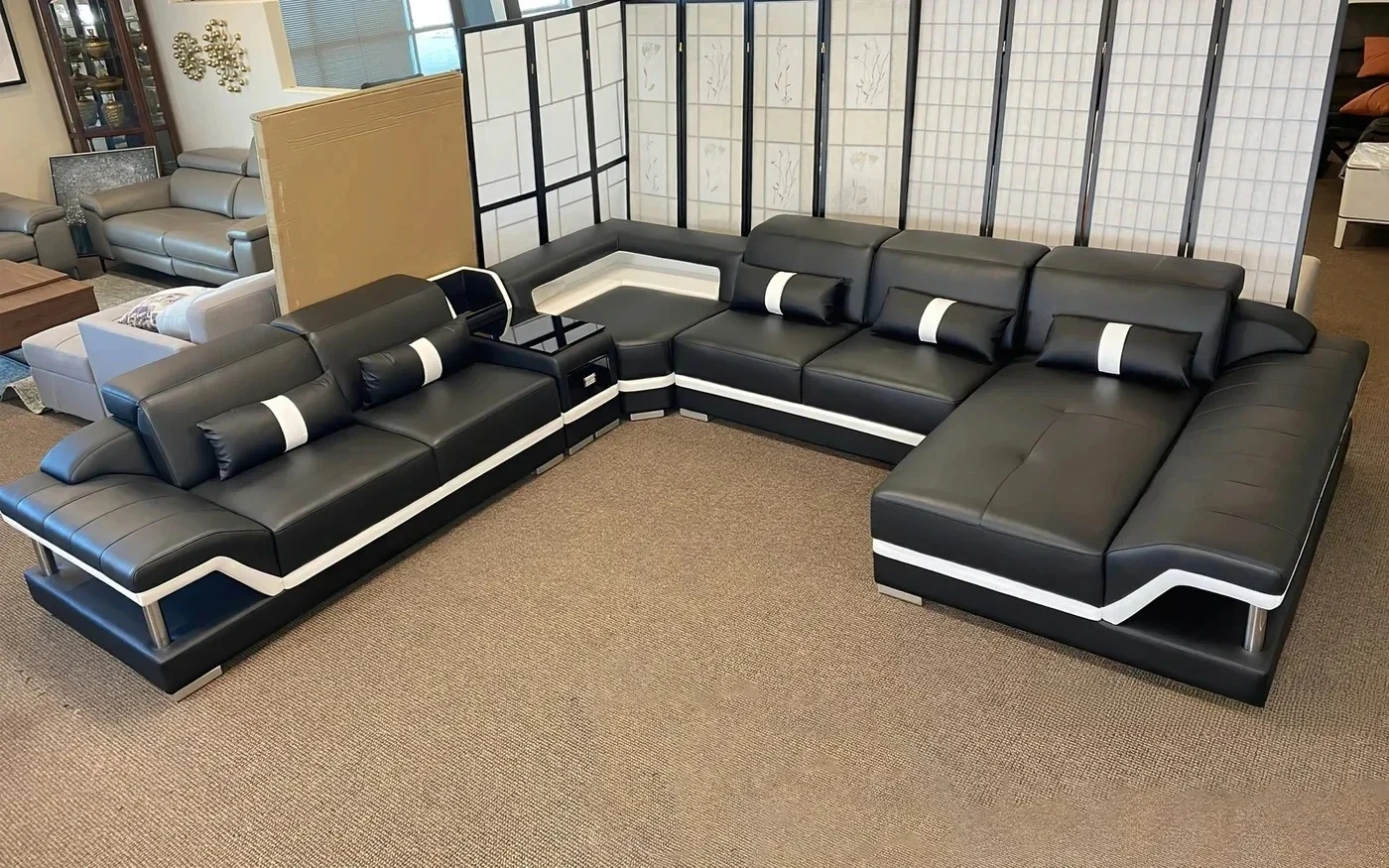 %MANBAS Modern Minimalist Genuine Leather Sectional Sofa Set with Built-in Storage and Glass Coffee Table & TV Stand Living Room