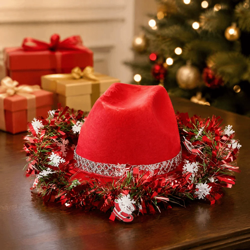 Ribbon Decoration Christmas Cowboy Hat Vintage Snowflake Cowgirl Hat Sunscreen Santa Claus Design Wide Brim Hat