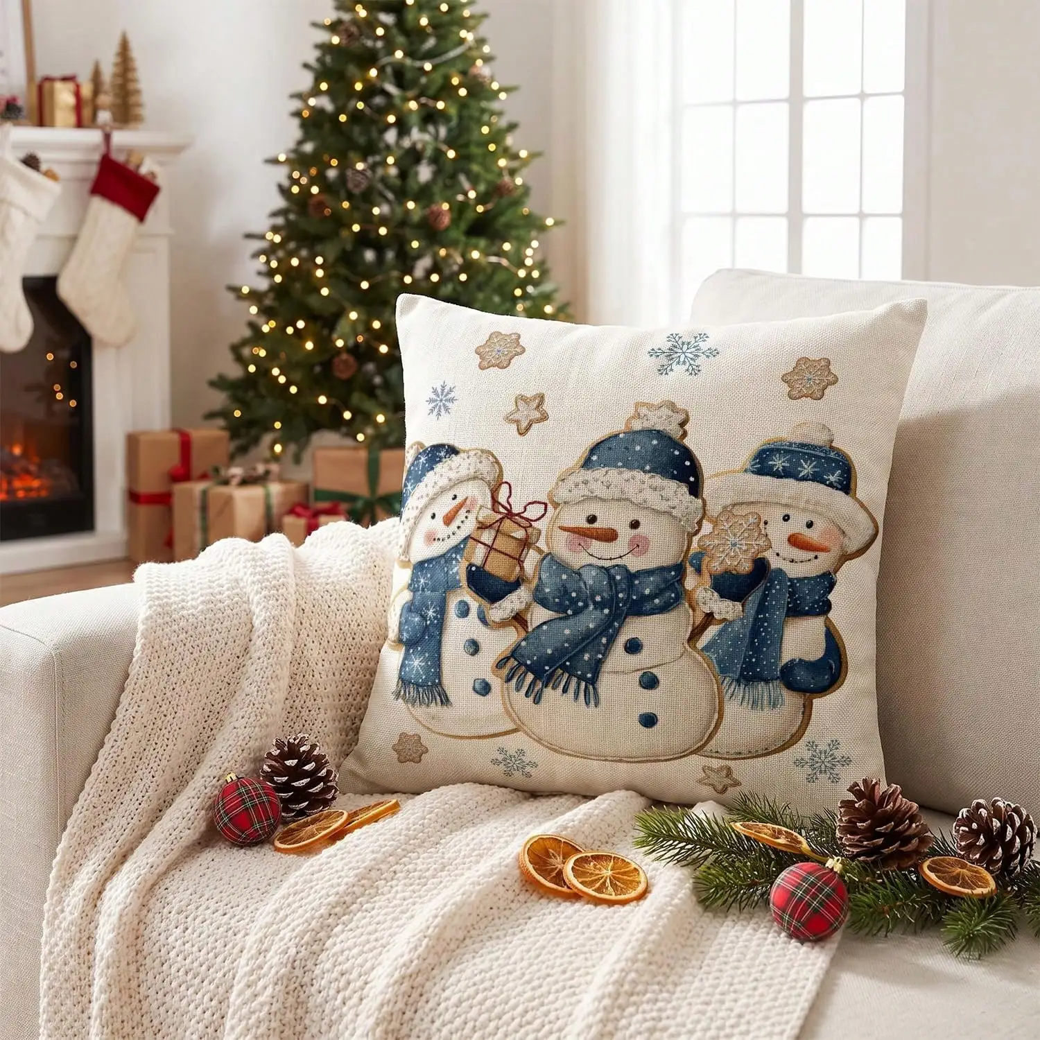 1pc Winter Snowman Snowflake 18x18 Inch Throw Pillow Cover Cookies Star Gift Blue Scarf Hat Christmas Holiday Xmas Cushion Case Decoration For Sofa Couch, Single-Sided Print, 100% Polyester( Do Not Include Insert)