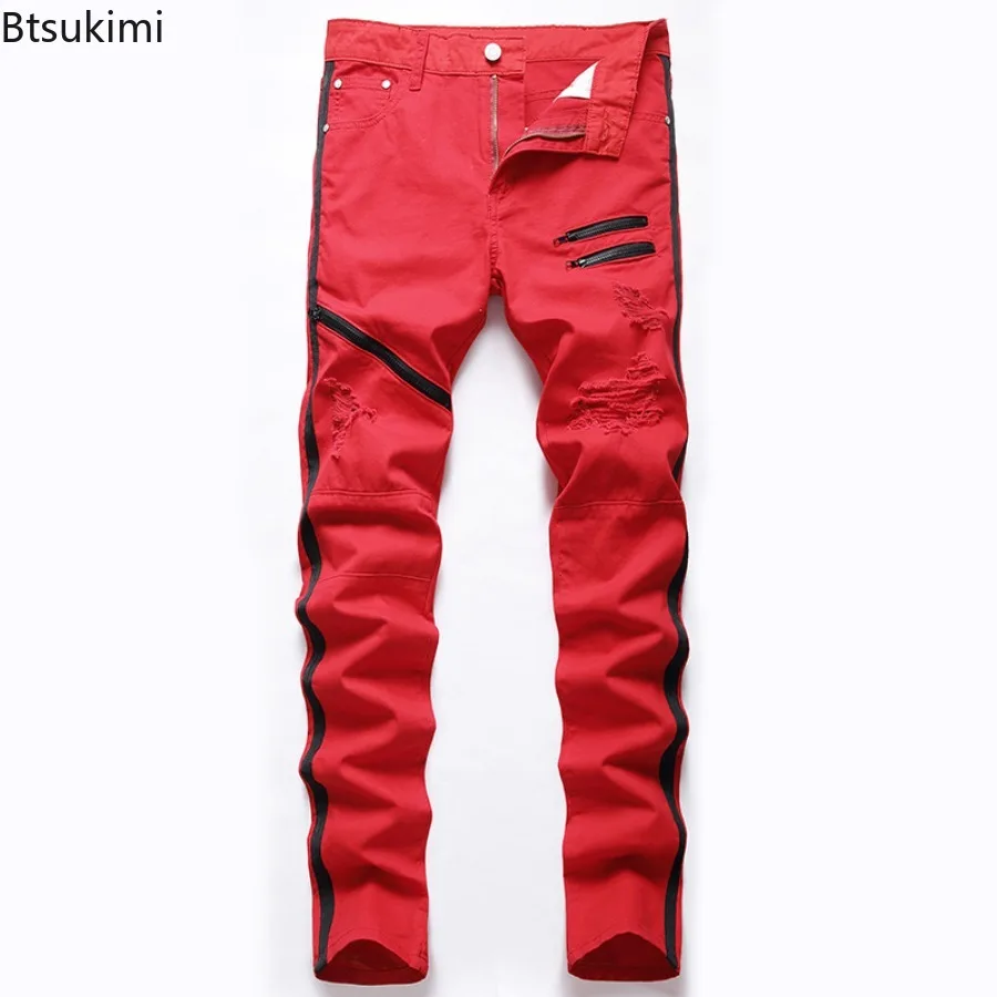 2025 New Men's Jeans Fashion Slim Fit Elastic Solid Casual Trousers Y2k Streetwear Hip Hop Broken Holes Denim Pants Oversized 46