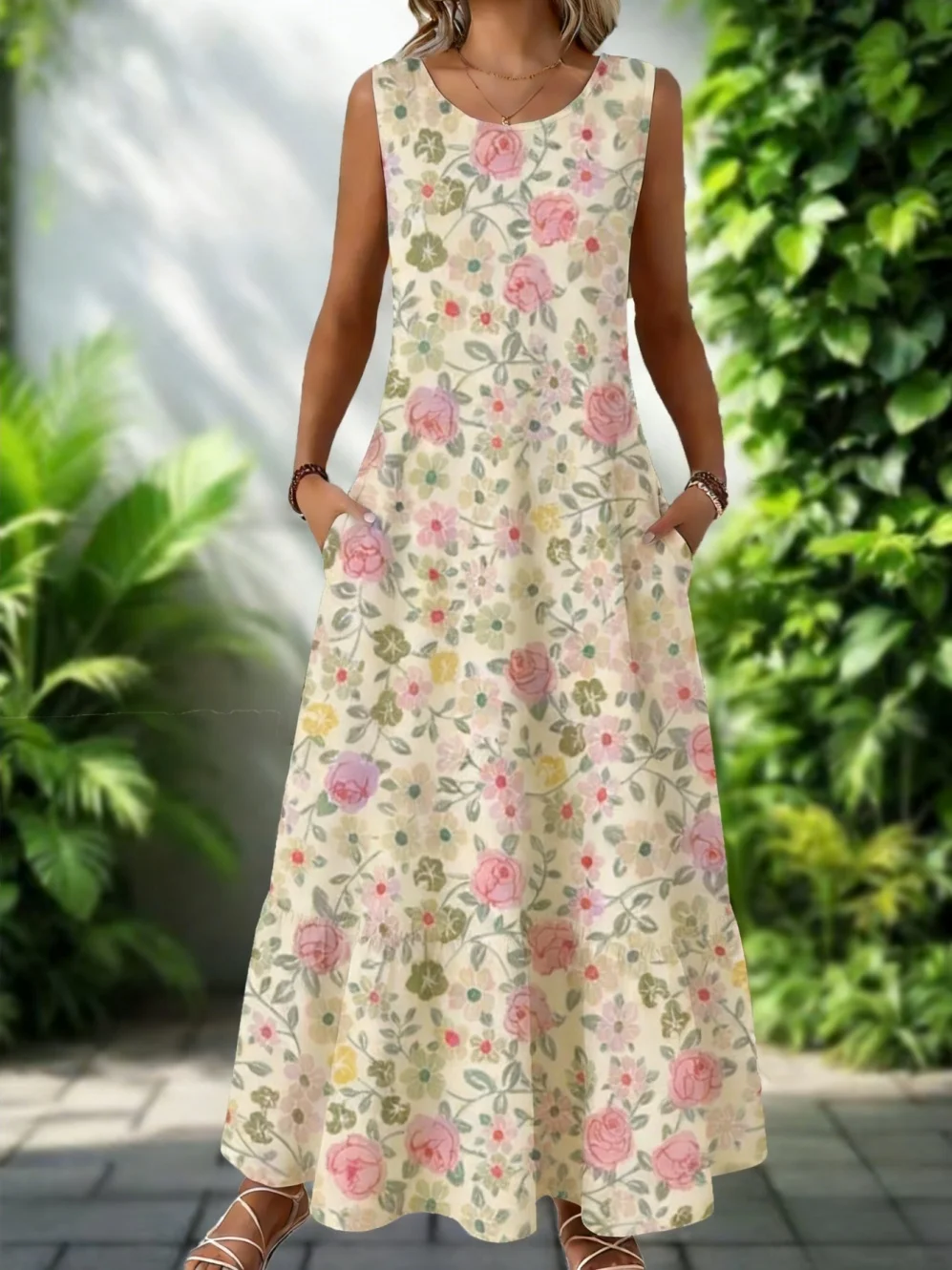 2026 New Women's Dress Fashion Floral Print New Sleeveless Design Dresses Summer Outdoor Beach Vacation Ankle Long Women's Dress