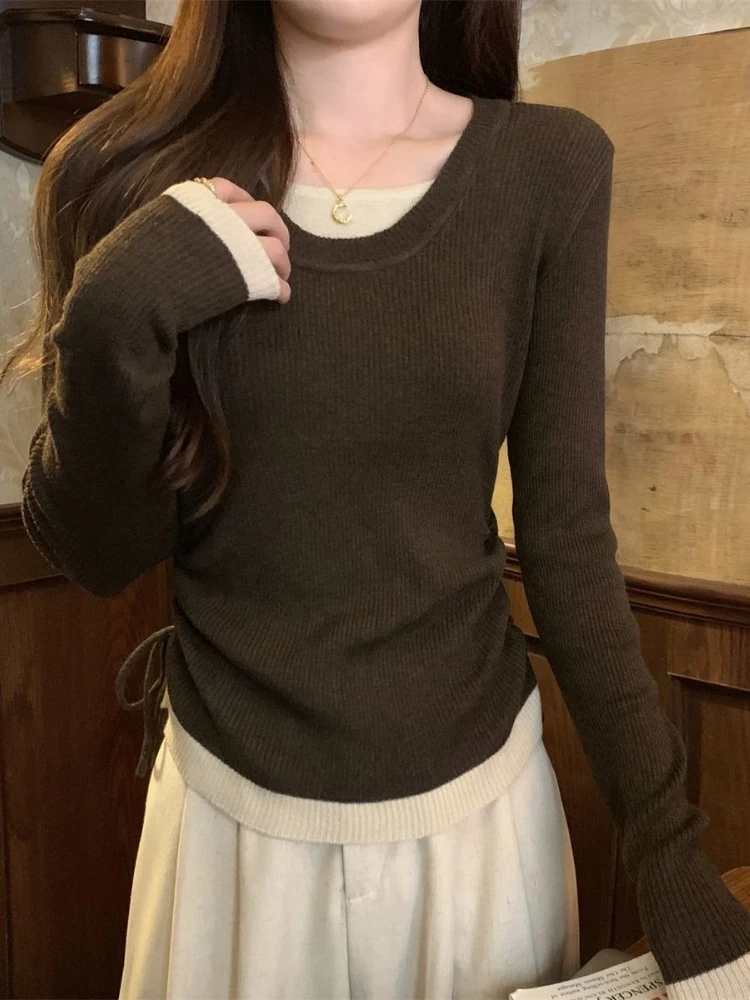 Autumn 2026 Korean Style Knitted Top Color Blocking Collar Drawstring Two-Piece Pullover Fashion Mujer False Two-Piece Sweater