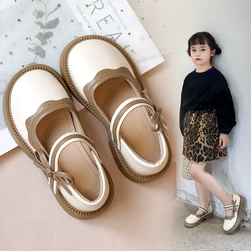 Autumn New Girl Leather Shoes Bowtie Black Beige School Causal Children Flat Elegant Round Toe Fashion Patchwork Kids Mary Janes