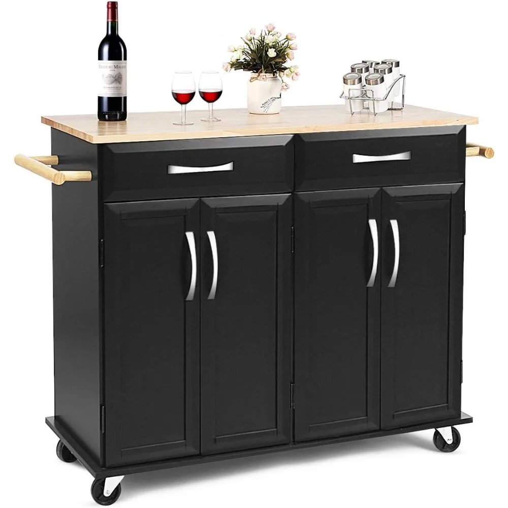 Kitchen Island Cart, Rolling Trolley Cart Utility Cabinet W/Rubber Wood Top,Large Storage Easy-Clean with Smooth Lockable Wheels