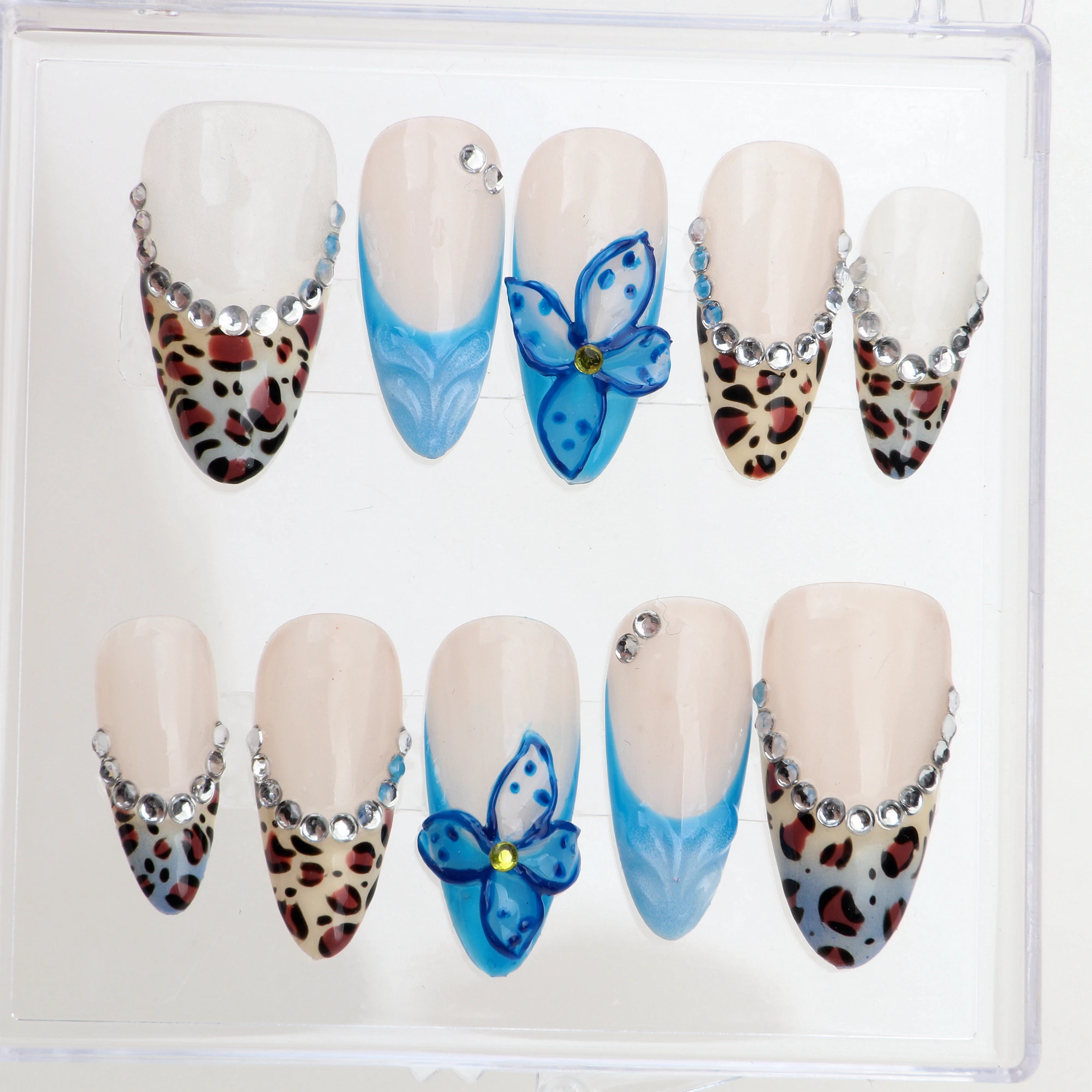 10Pcs Gel Blue Flower Nails Custom Press On Nails hand painted leopard French Tips Design nails Acrylic Fake FreeStyle Nail Set