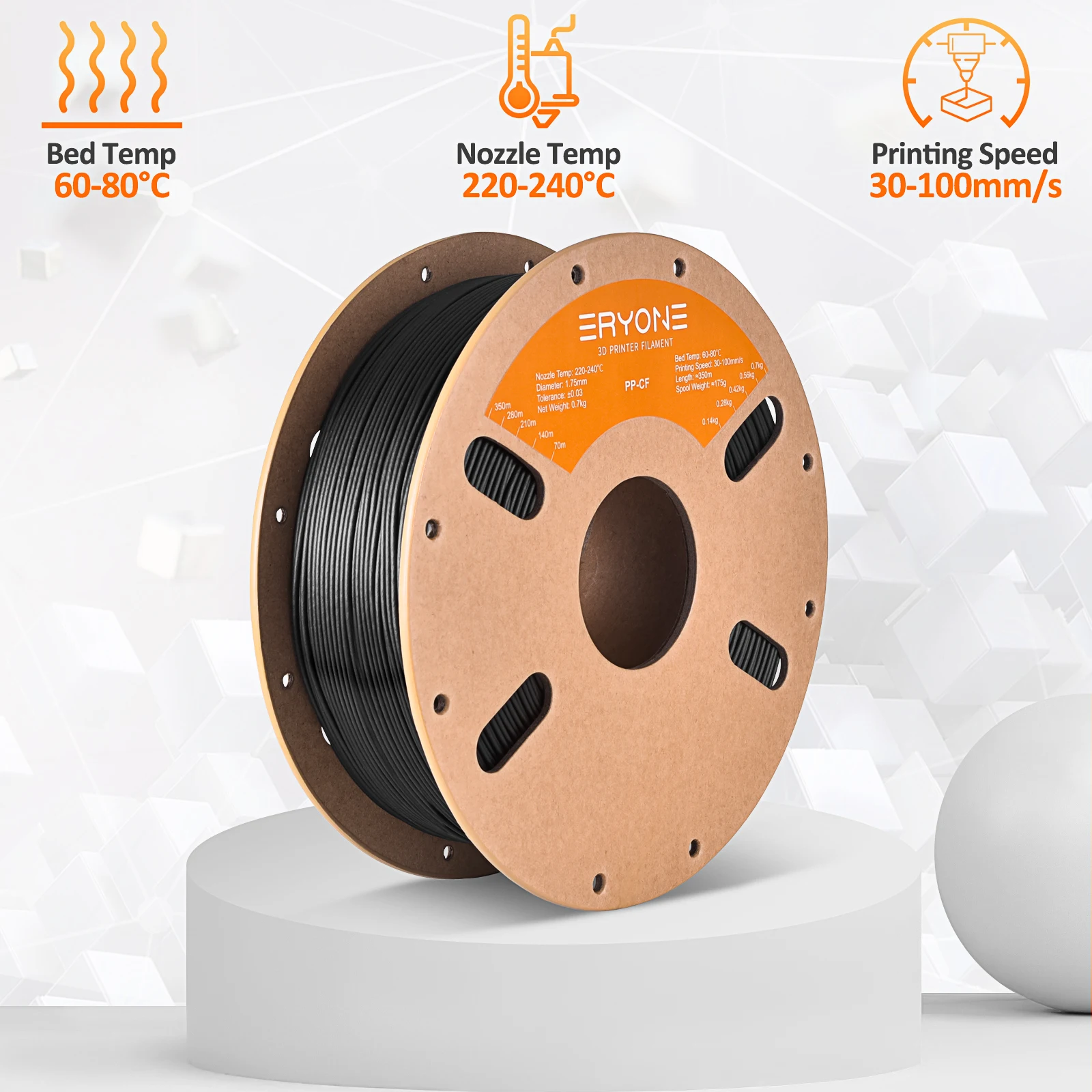 เส้นใยพิมพ์ 3 มิติ Eryone PP คาร์บอนไฟเบอร์ 0.7 กก./PP 0.9 กก. คุณภาพพรีเมียม สำหรับเครื่องพิมพ์ FDM วัสดุ PP ปลอดภัย, เส้นใย PP คาร์บอนไฟเบอร์/PP