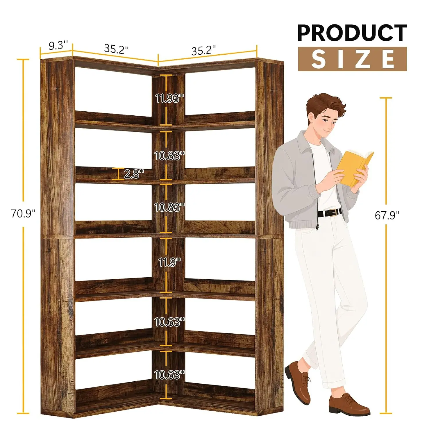 L-Shaped Corner Book Shelf 7 Tier Storage Bookcase Brown, Customized