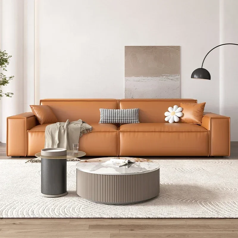 Leather sofa, cowhide Italian minimalist living room, small three-seat, in-line square tofu block sofa image 3