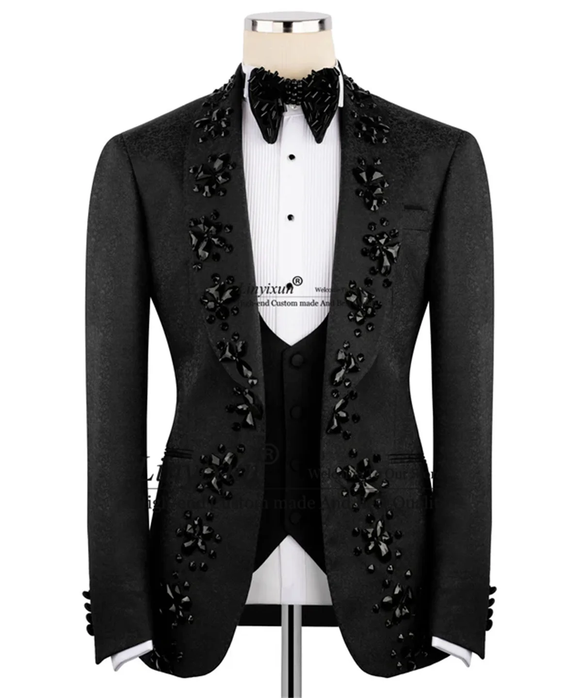 

High End Diamond Crystals Men Suits 3 Pieces Tuxedos Set Wedding Party Outfits Customized Jacquard Male Party Blazer Ropa Hombre