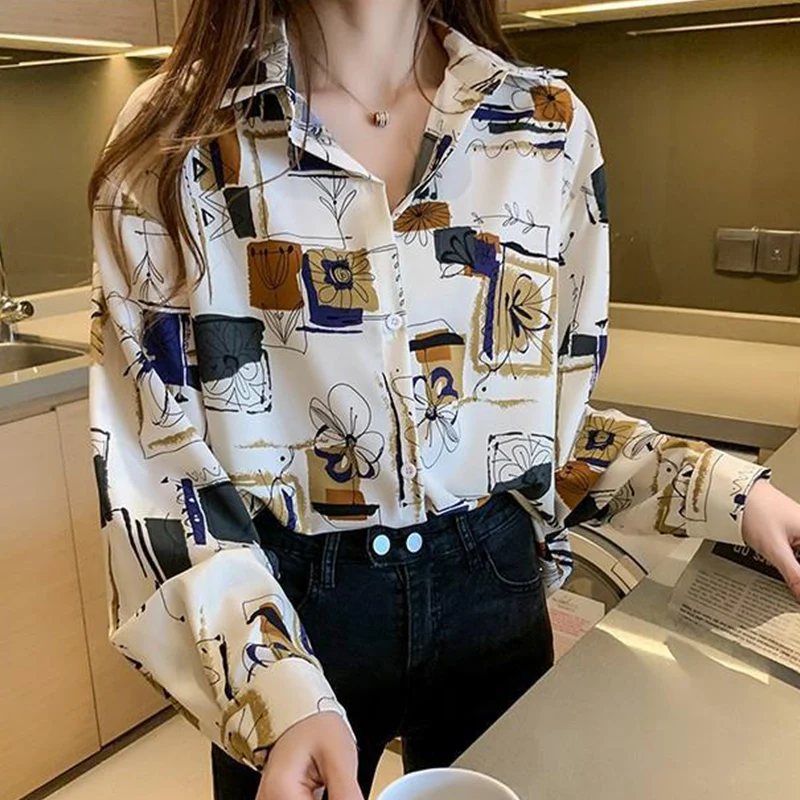 Spring Autumn Y2K Korean Trend Print Lady Blouse Buttons Long Sleeve Chiffon Shirt Elegant Fashion All-match Blouse Top Women