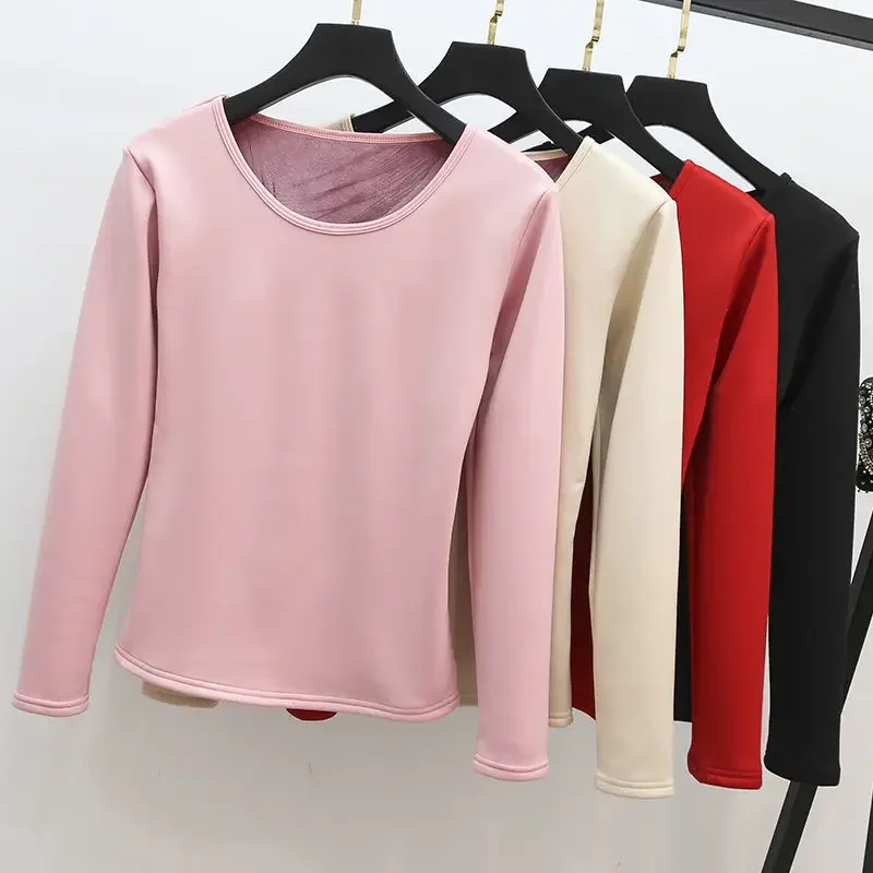 

2024 Plus Velvet Tops Padded Round Neck T-shirt Women Winter New Thermal Underwear Constant Temperature Bottoming Shirt