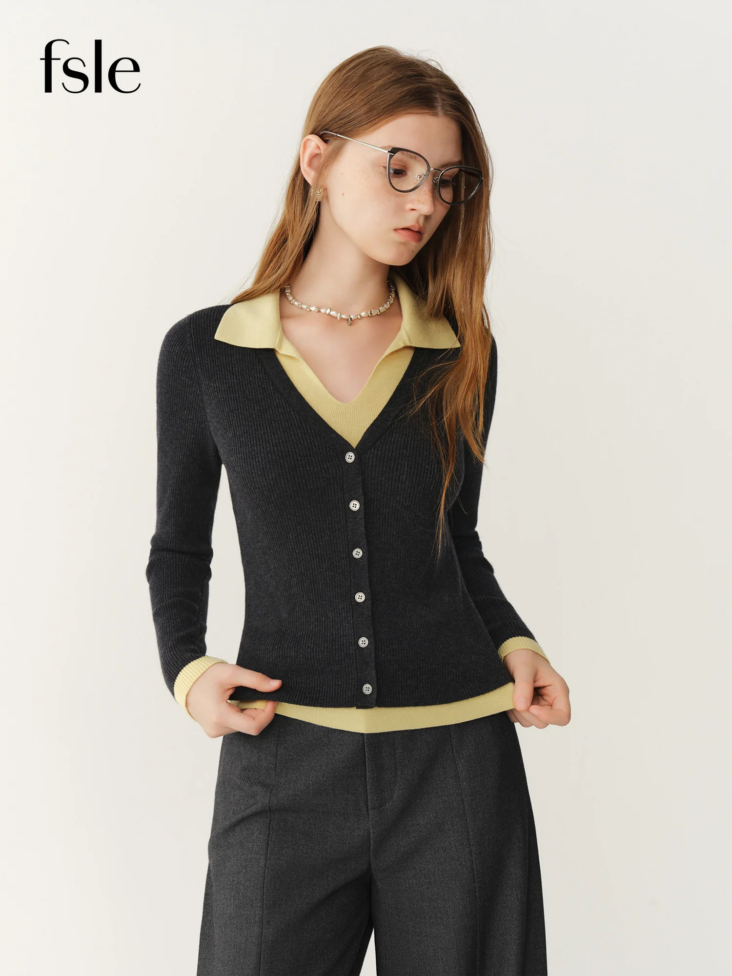 FSLE 2026 Fall Women's Contrast Faux Two-Piece V-Neck Knit Top with Notched Collar - Chic Wool Silk Blend for Office Commute