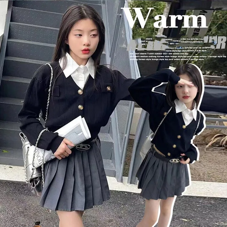 Korean Spring Autumn Junior Girl 2PCS Clothes Set School Girl Shirt+Knitted Cardigan+Pleated Skirt Sets Girl From 4-12 Years Old