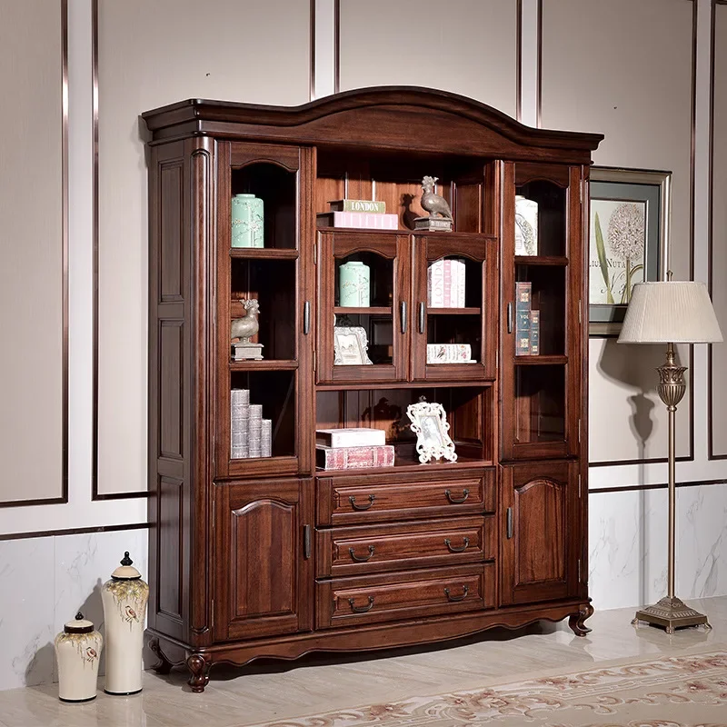 American Bookcase  Village Study Classical Furniture Four-door Glass Bookshelf Black Walnut Locker on Sale