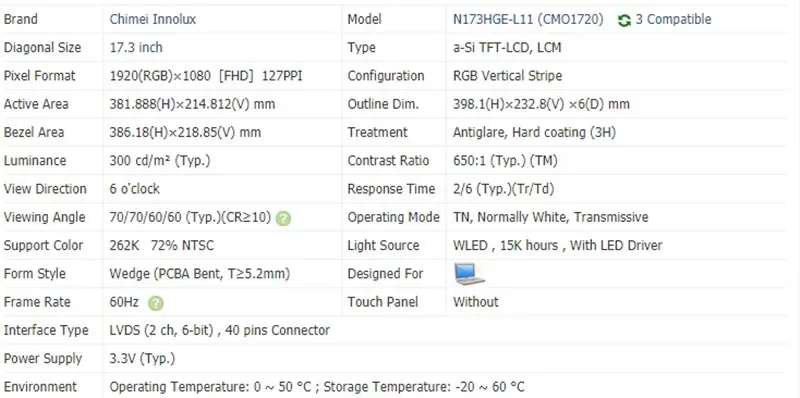 N173HGE-L11 Panel layar tampilan Laptop 17.3 inci FHD 1920*1080 EDP 40 pin 60HZ