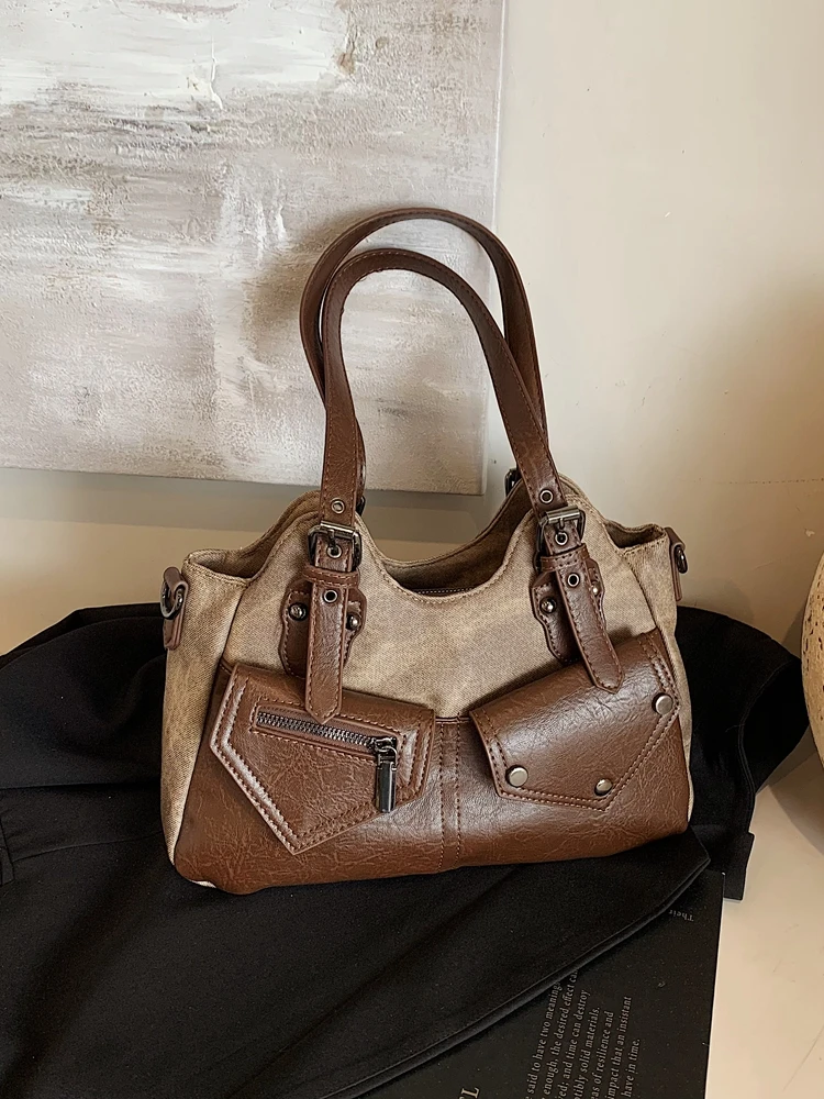 

Vintage PU Leather Handle Bags For Women 2025 New Contrast Color Single Shoulder Bag Fall Winter Versatile Tote Bags