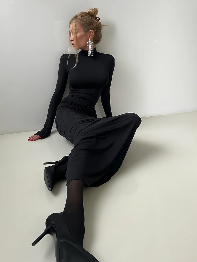 kliou Shirring Classic Women Maxi Dress High Street Autumn New Solid Turleneck Long Sleeve Bodycon Ladies Elegant Trend Vestidos
