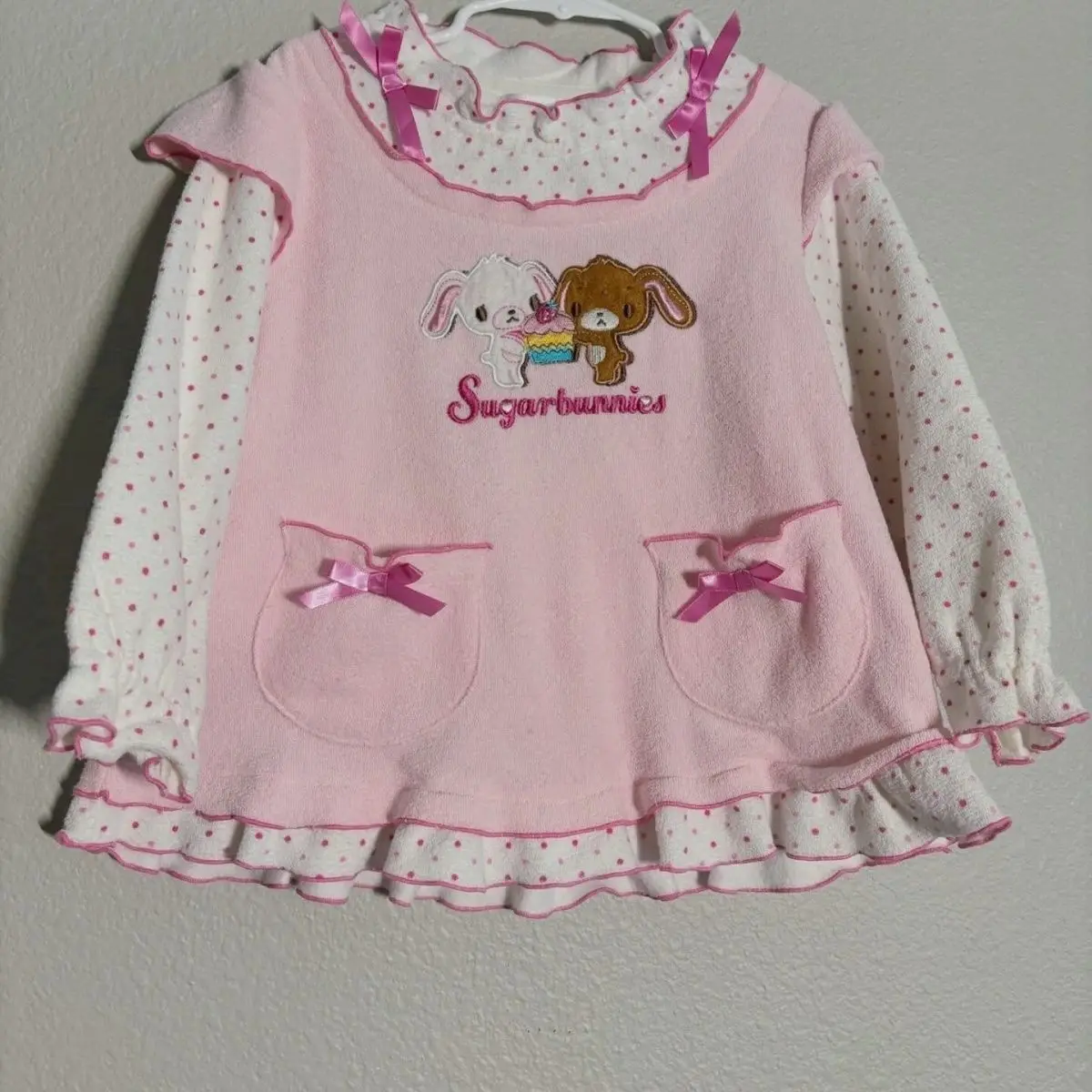 Spring and Autumn Student Girl Japanese-style Sweet and Cute Cartoon Dessert Rabbit Spliced Polka Dot Two-in-One Long Sleeve Top