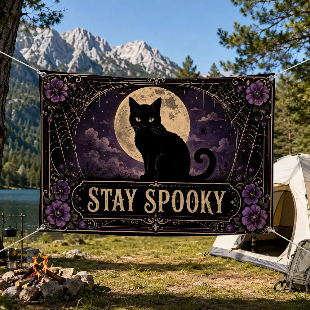 Stay Spooky Halloween Banner Flags Aesthetic Wall Tapestry Printed Wall Hanging Living Room Party Outdoor Decor