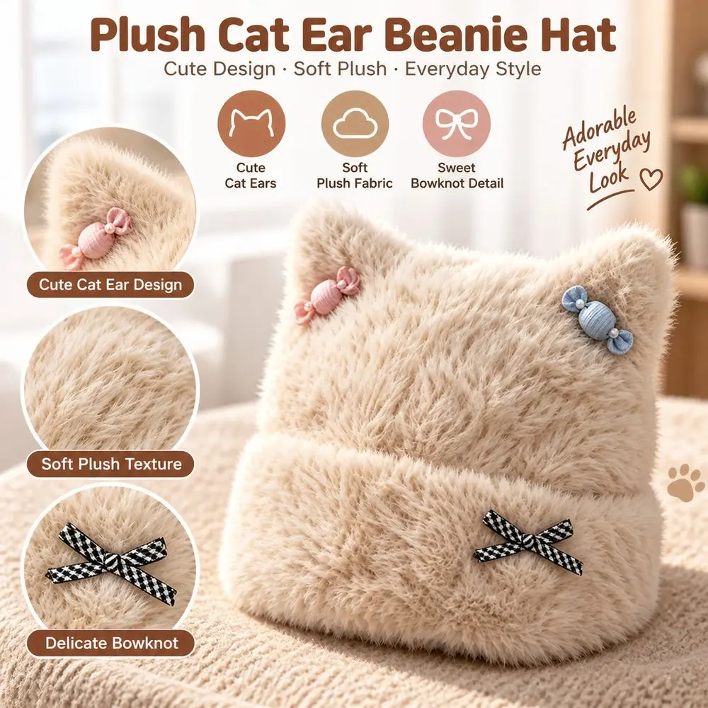 Fabric Cat Ear Beanie Soft Fuzzy Texture Warm And Cozy Beanie Hat Cat Ear Bowknot Detail Fuzzy Winter Hat Women's Beanie Cap