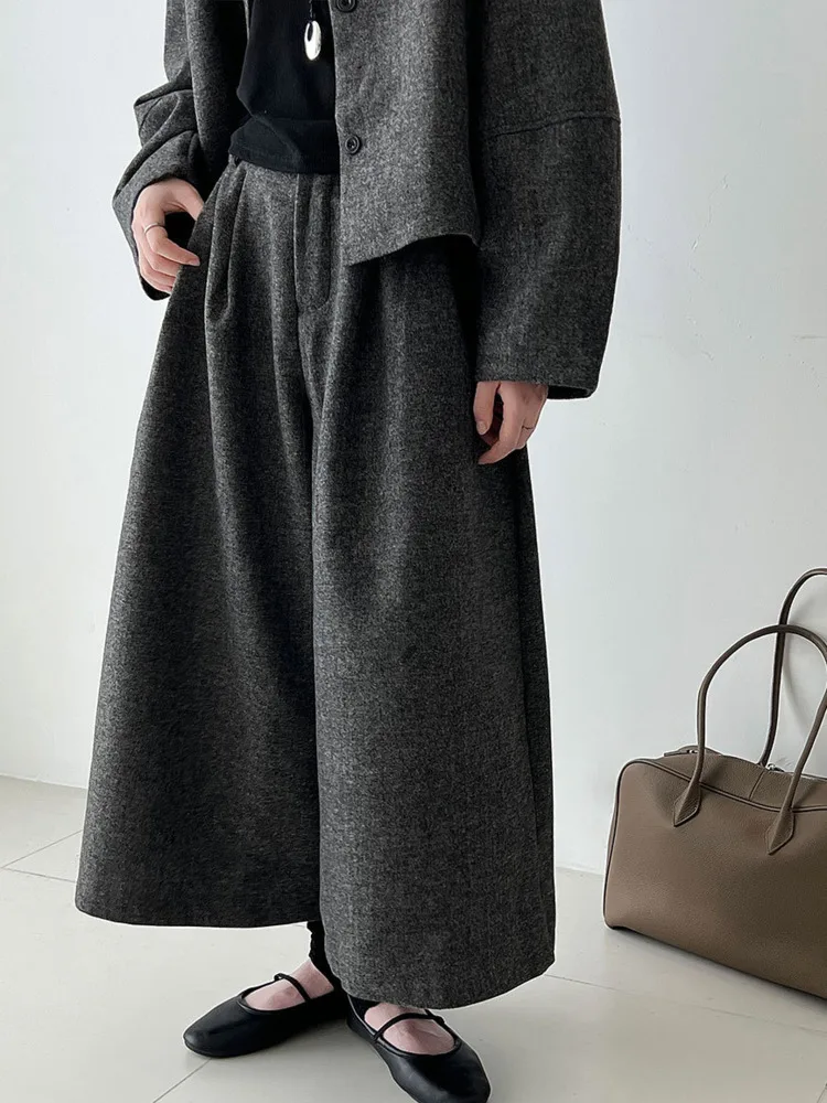 WHTREND 2-delige sets voor dames mode turn-down kraag wollen jas jas + rechte wijde pijpen broek herfst winter nieuwe WH1851