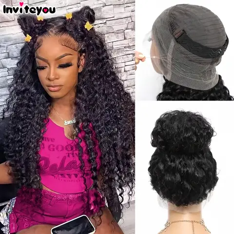 Glueless 30 inch 250 Density HD Invisi Strap 360 Full Lace Front Kinky Curly Wig Black Human Hair Drawstring Snug Water Deep Wig