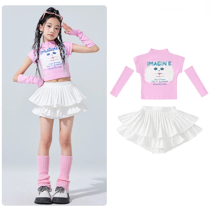 Girls Hip Hop Crop Top White Street Dance Skirt Children Sweet High Neck T-shirts Streetwear Clothes Sets Kids Jazz Costumes