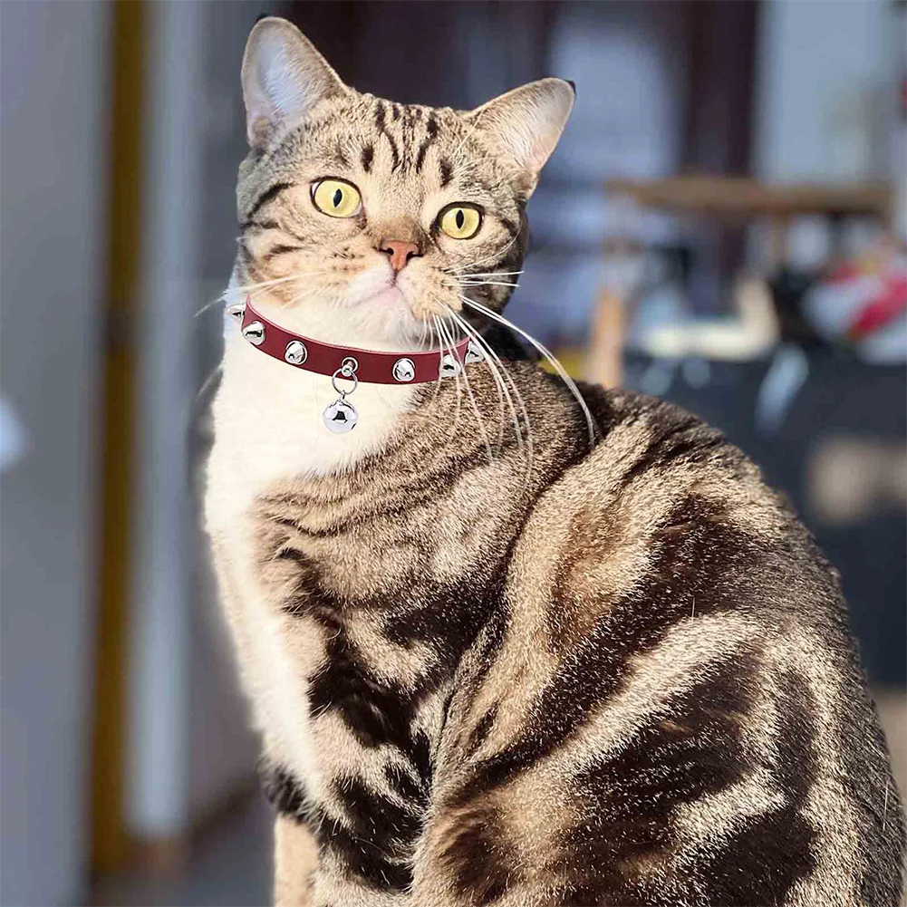 Leather Cat Collar With Bell Djustable Leather Pet Neck Strap With Rivets Reinforced Alloy D-Ring Pet Fashion Shows Photo Shoots