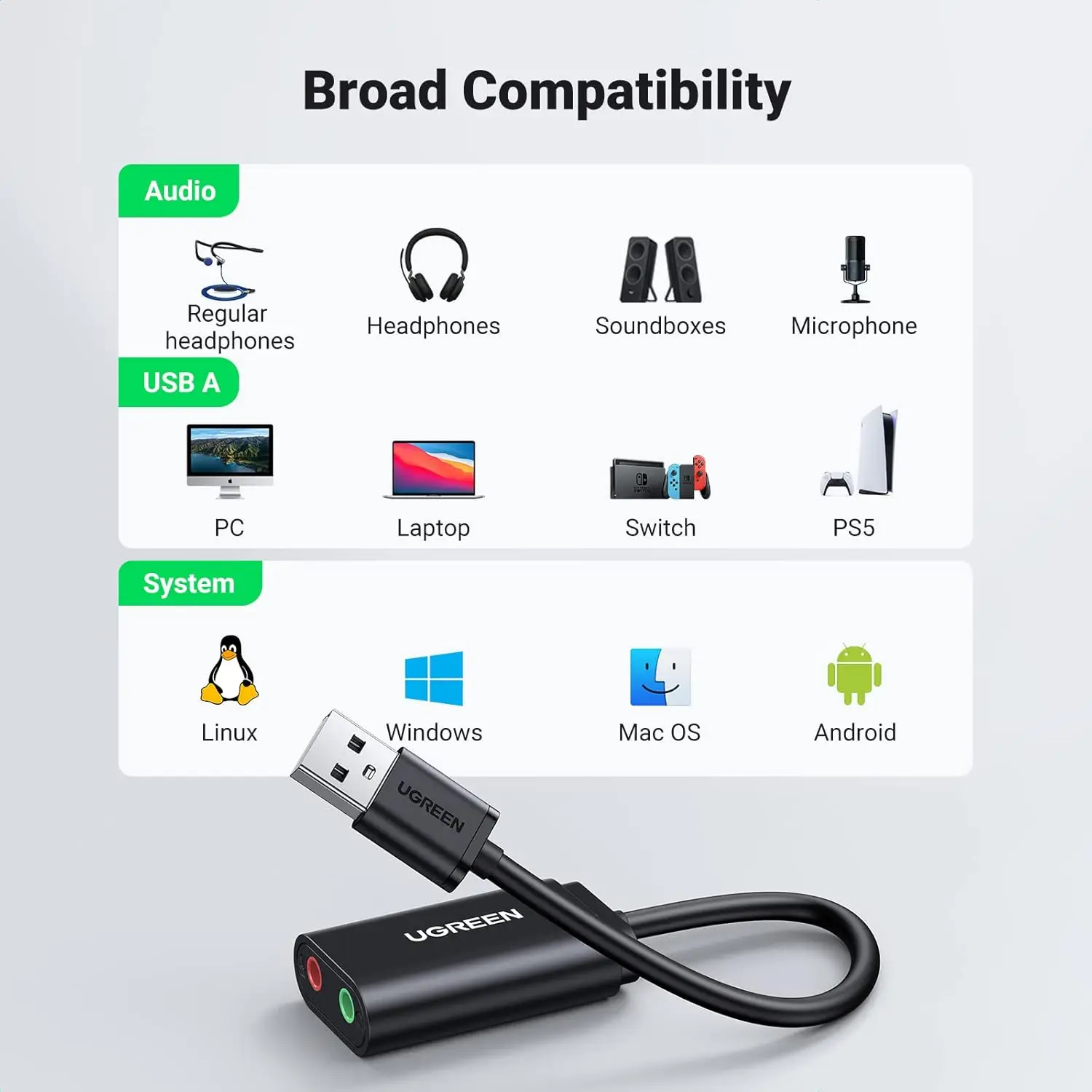 UGREEN USB 사운드 카드 USB 2.0 to 3.5mm 잭 오디오 어댑터 듀얼 AUX 스테레오 헤드폰 마이크 분배기 외장 DAC 동글