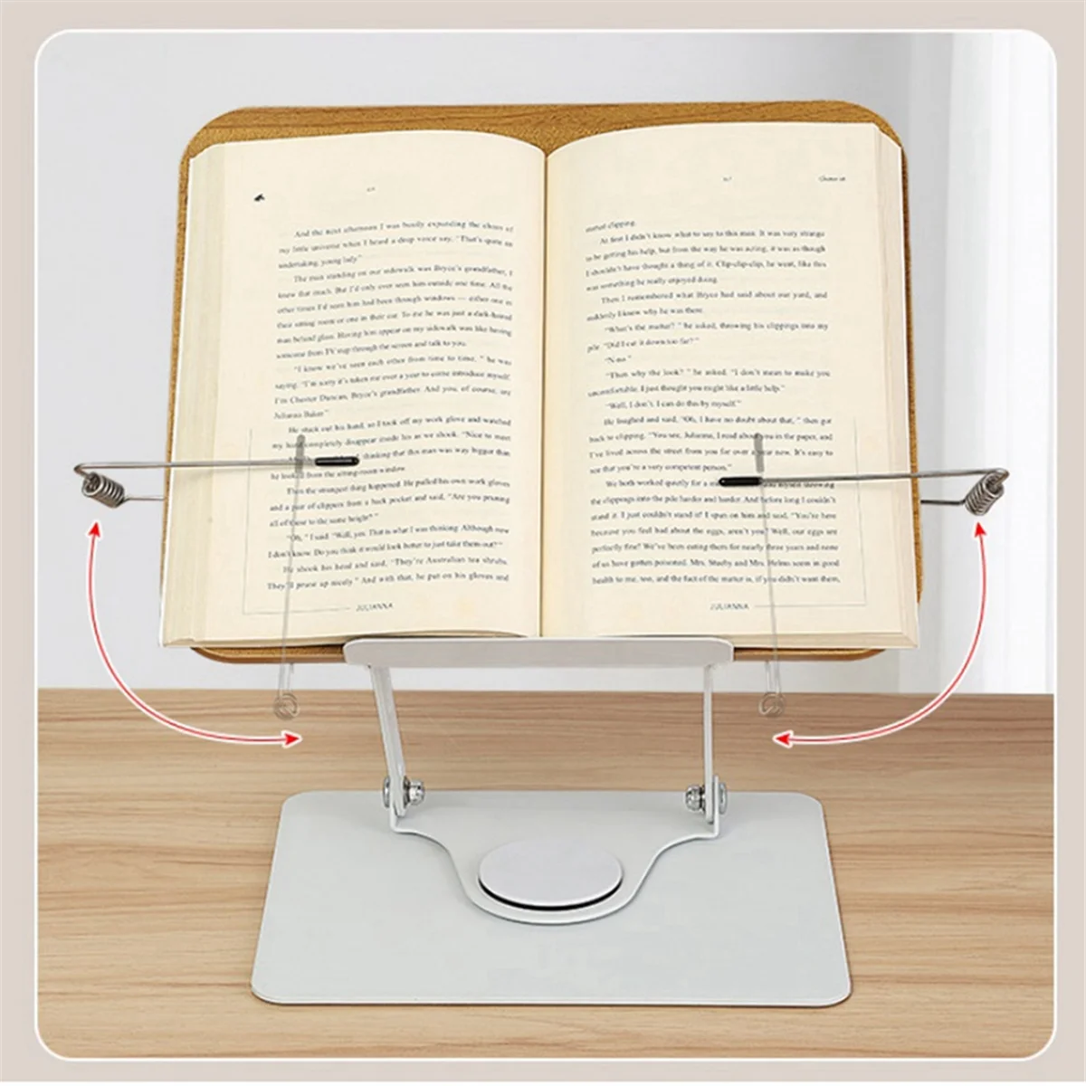 

360°Rotating Base Book Stand Holder for Reading Hands Free Foldable Book Display Stand with Paper Clips Wood Panel Stand