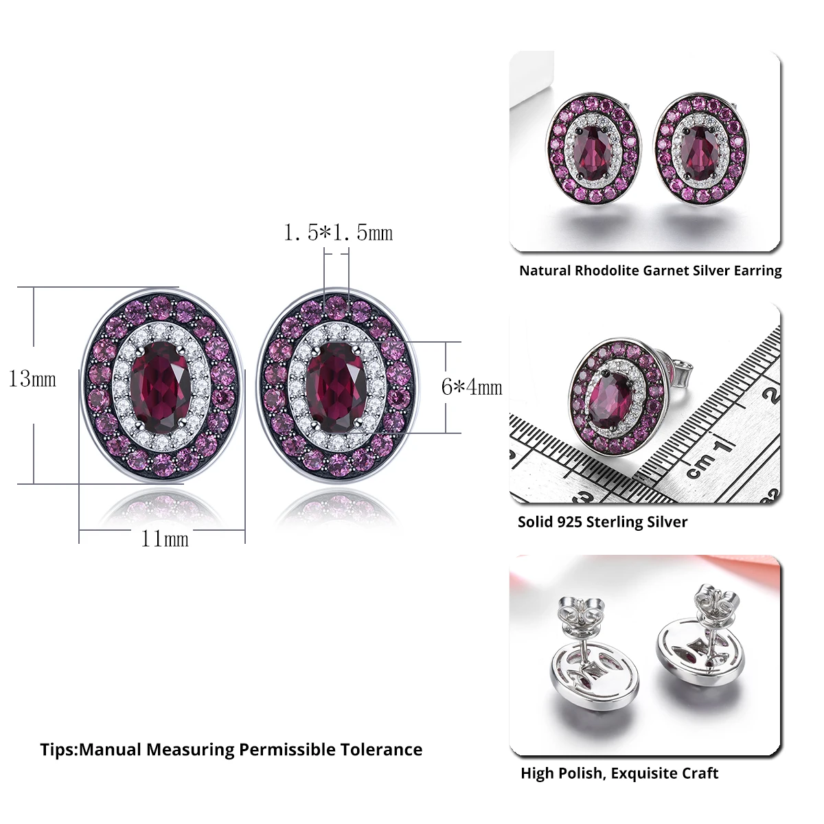 Natural Rhodolite Garnet Sterling Silver Stud Earring 1.8 Carats Genuine Gemstone Romantic Classic Fine Jewelry S925 Gifts - Image 2