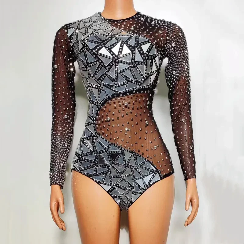 Macacão feminino cristal brilhante strass prata espelho estiramento bodysuit festa de aniversário preto malha transparente ds palco traje
