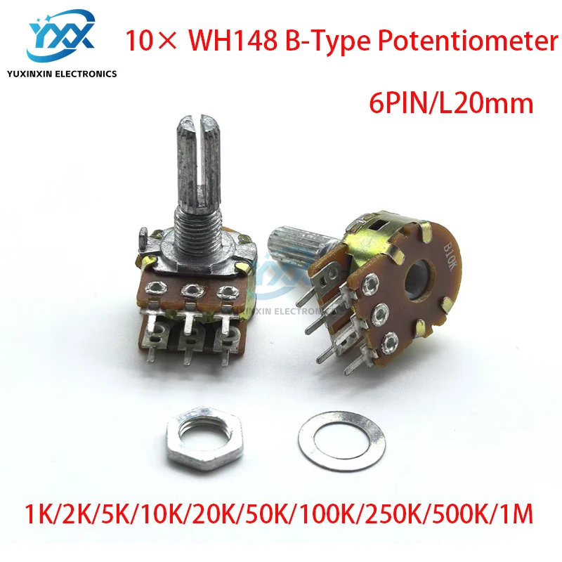 

10PCS WH148 Dual-Gang Potentiometer Shaft Length 20mm 6PIN Audio Volume Control Knob B1K/2K/5K/10K/20K/50K/100K/250K/500K/1M