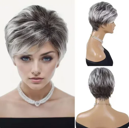 Short Grey Wigs for Women Synthetic Hair Granny Wig with Bangs Natural Mommy Wigs for Daily Ues Old Lady Costume Halloween Party