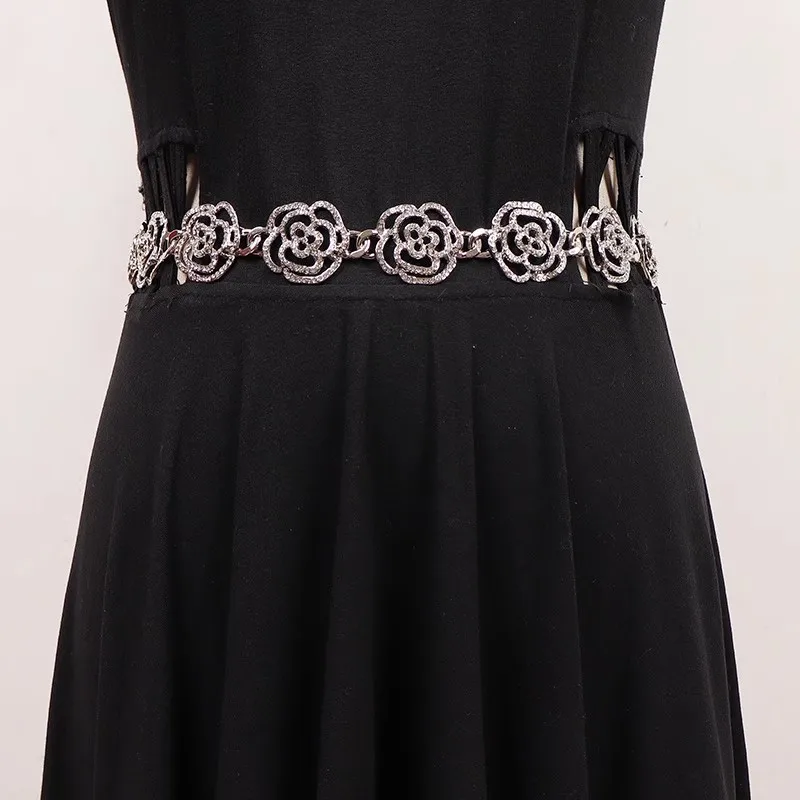 Women's Fashion Diamonds Flower Silver Metal Chain Cummerbunds Female Dress Corsets Waistband Belts Decoration Narrow Belt R1480