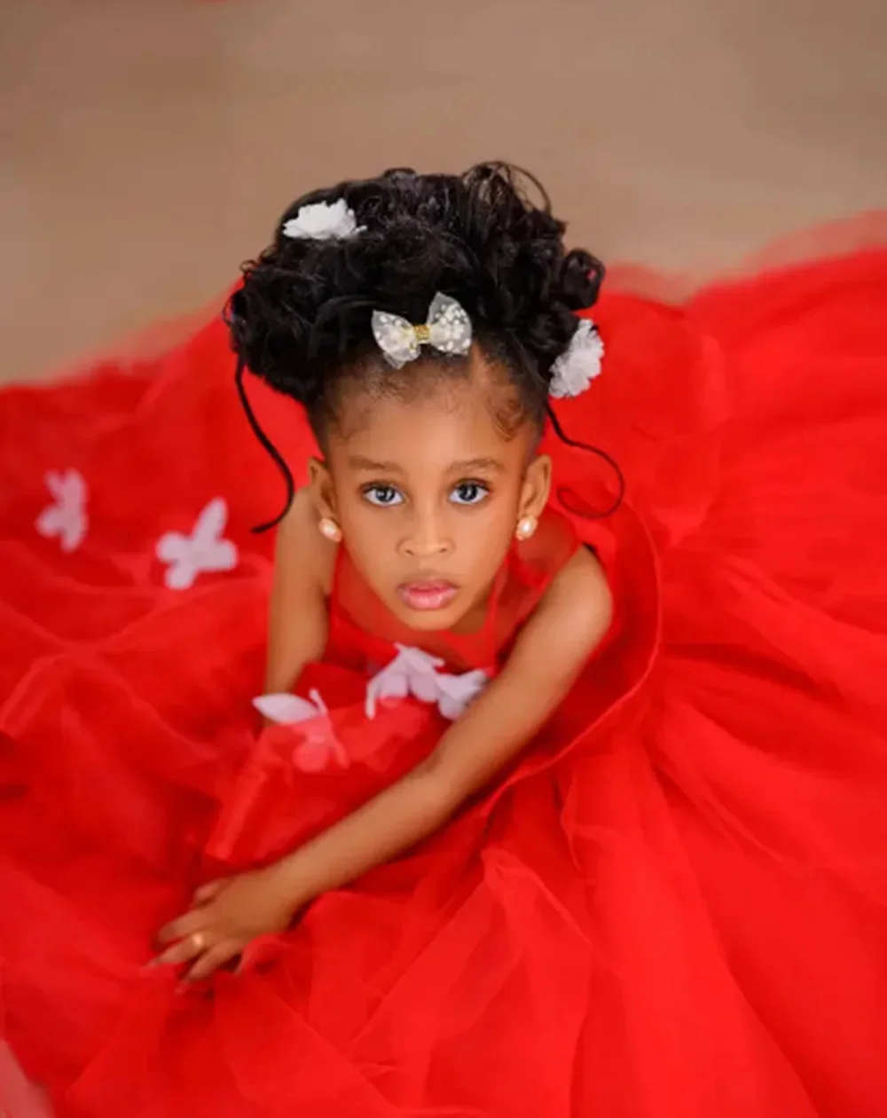 Princess Customized Red Flower Girl Dress For Wedding Tiered Tulle Butterflies Pearls Kids Birthday Party First Communion Gown